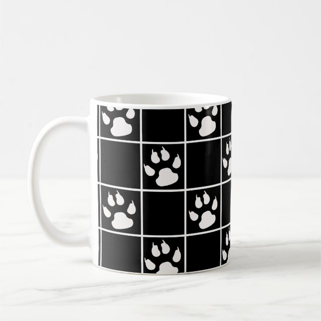 Black White Cute Windowpane Paw Plaid Coffee Mug (Left)