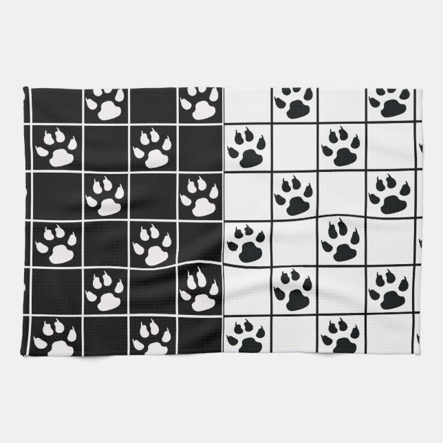 Black White Cute Windowpane Paw Plaid Kitchen Towel (Horizontal)