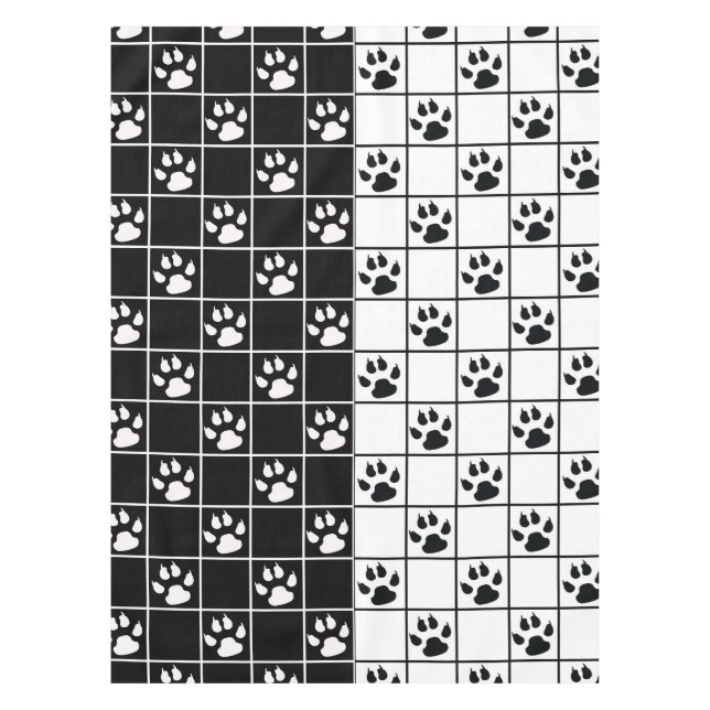 Black White Cute Windowpane Paw Plaid Tablecloth (Front)