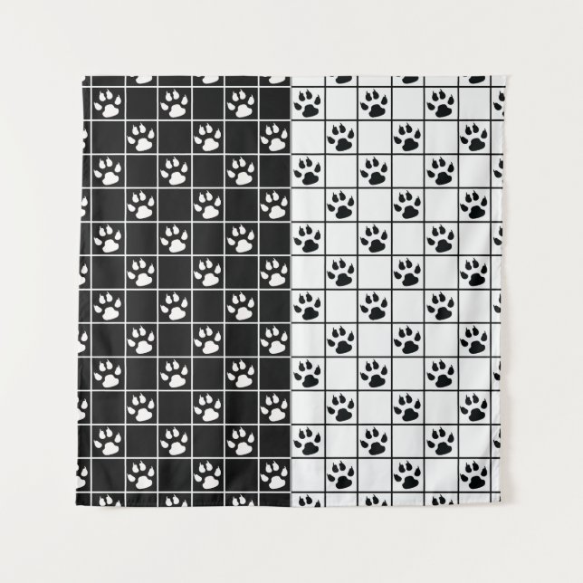 Black White Cute Windowpane Paw Plaid Tapestry (Front)
