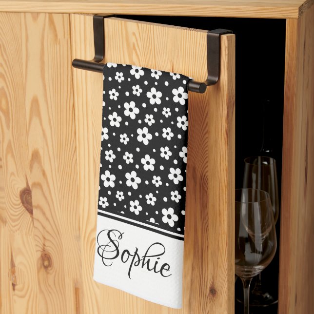 Black & White Daisies Personalized  Kitchen Towel (Thirds Fold)