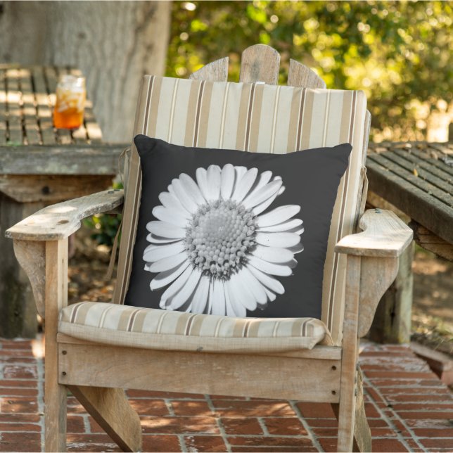 Black White Daisy Floral Art Botanical Photography Outdoor Pillow (Chair)