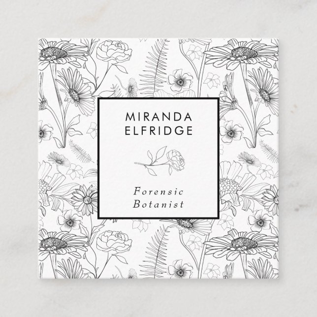 Black white daisy floral rose botanical square business card (Front)