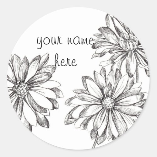 Black White Daisy Flower Custom Name Classic Round Sticker