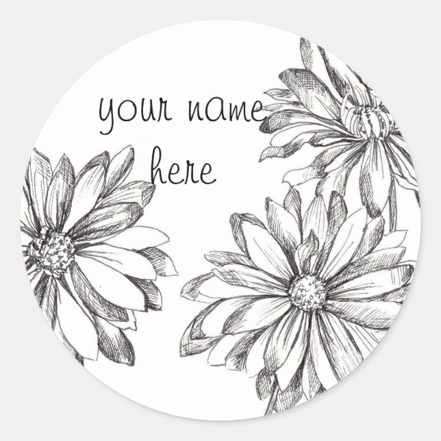 Black White Daisy Flower Custom Name Classic Round Sticker (Front)