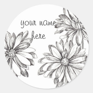 Black White Daisy Flower Custom Name Classic Round Sticker