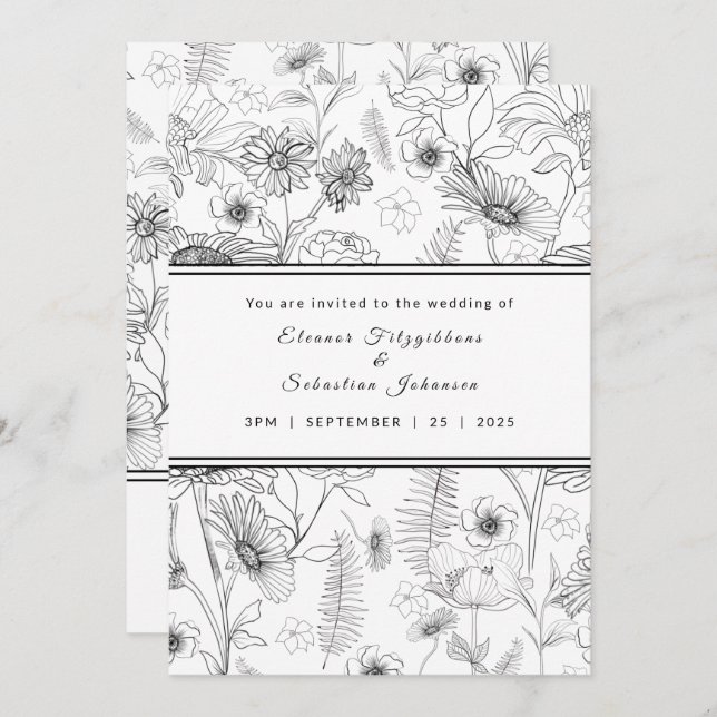 Black & white daisy flower roses pattern wedding invitation (Front/Back)