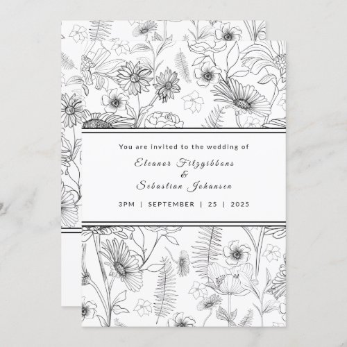 Black  white daisy flower roses pattern wedding invitation