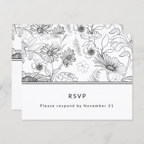 Black  white daisy flower Wedding RSVP Invitation