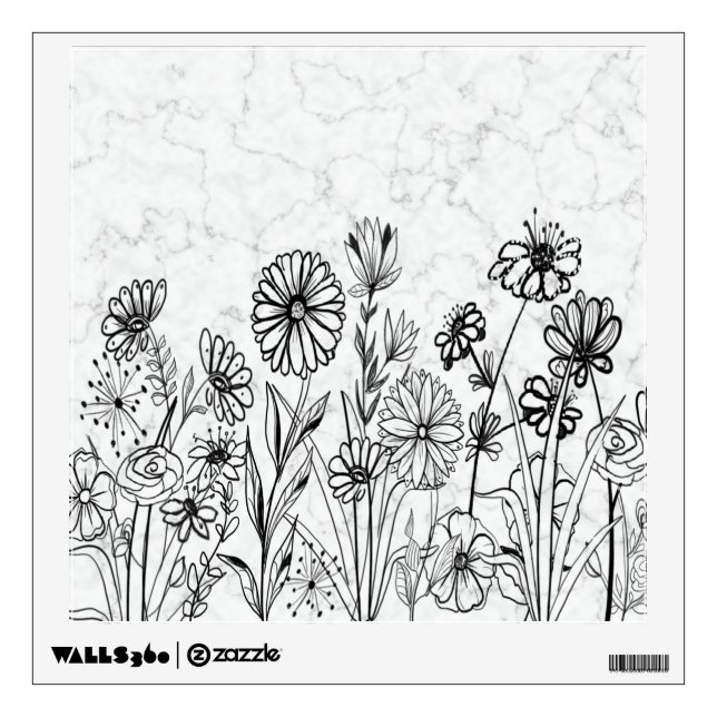 Black white daisy flowers gray marble wall decal (Front)