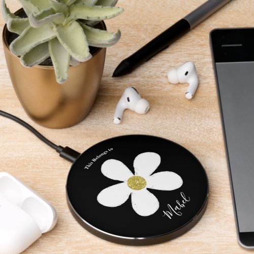 Black White Daisy Gold Center Personal Wireless Charger