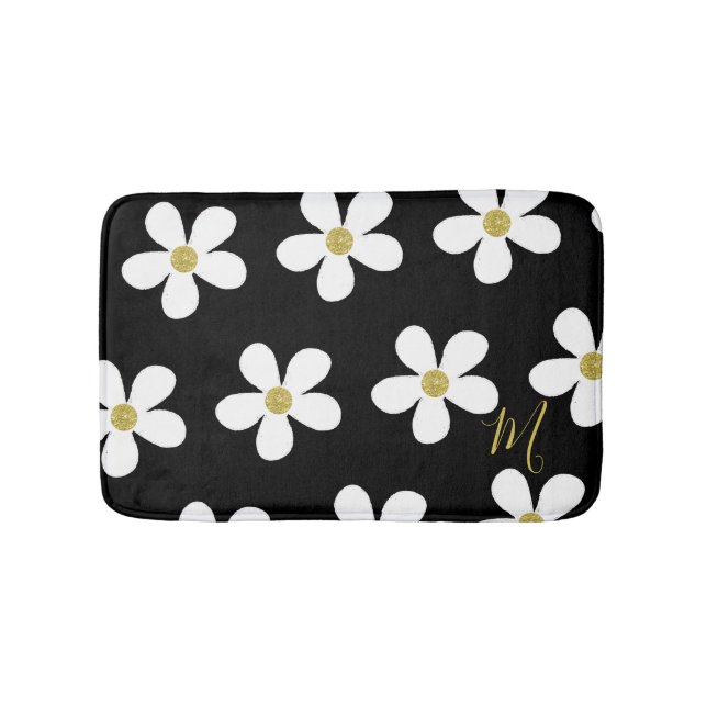 Black White Daisy Pattern Simple Floral  Gold Bath Mat (Front)
