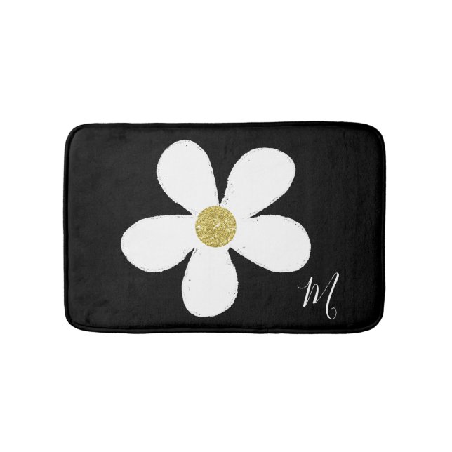 Black White Daisy Simple Floral  Gold Bath Mat (Front)