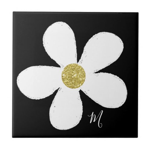 Black White  Daisy Simple Floral Gold Personal Ceramic Tile
