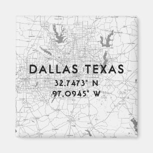 Black & White Dallas Texas Map Custom Coordinates Magnet
