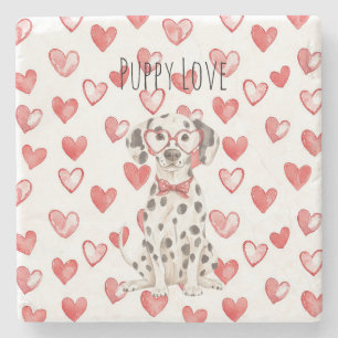 Black White Dalmatian Dog Red Hearts Tie Glasses Stone Coaster