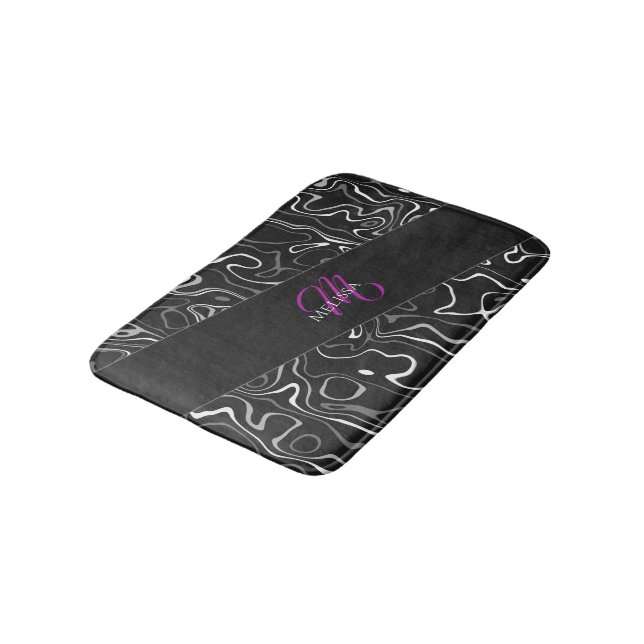 Black white damascus abstract pattern Monogram Bath Mat (Angled)