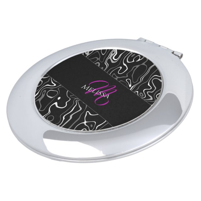 Black white damascus abstract pattern Monogram Compact Mirror (Turned)