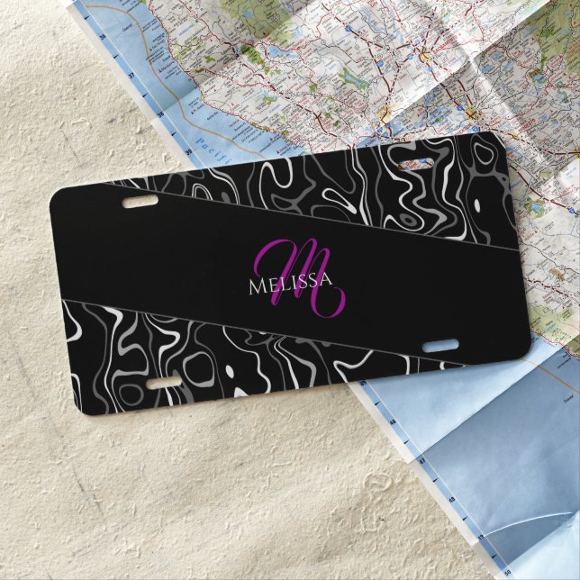 Black white damascus abstract pattern Monogram License Plate (In Situ)