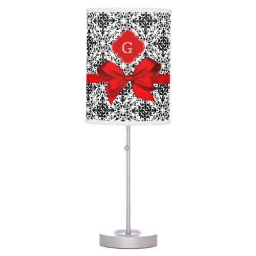 Black White Damask 2 Red Label Red Bow Table Lamp