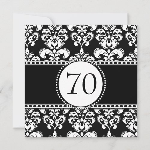 Black White Damask 70th Birthday Invitation