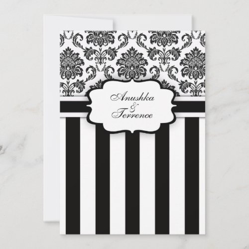 Black White  Damask and Stripes Wedding Invitation