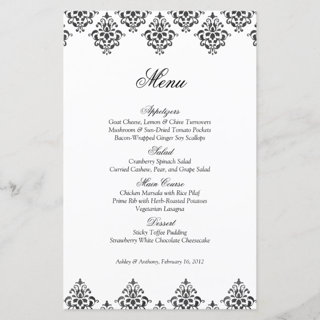 Black White Damask Arabesque Wedding Menu Card (Front)