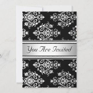 Black White Damask Birthday Party Invitation