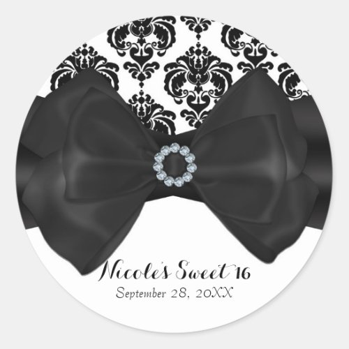 Black  White Damask Bling Bow Glam Sweet 16 Party Classic Round Sticker