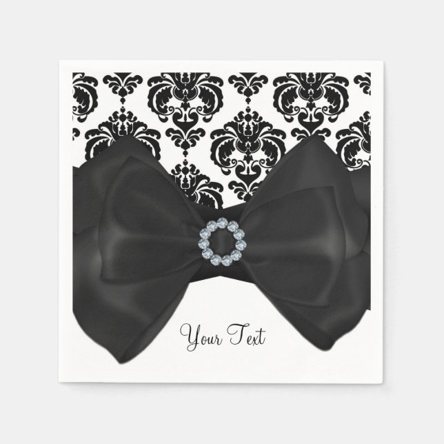 Black & White Damask Bling Bow Glam Sweet 16 Party Napkins (Front)
