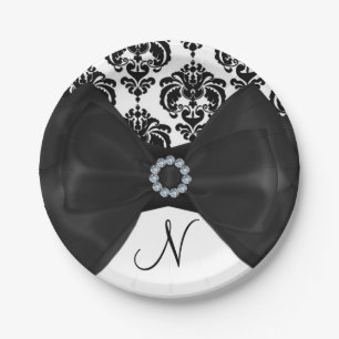 Black & White Damask Bling Bow Glam Sweet 16 Party Paper Plates