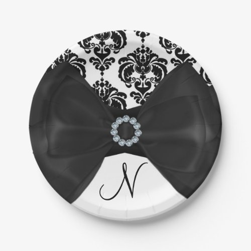 Black  White Damask Bling Bow Glam Sweet 16 Party Paper Plates