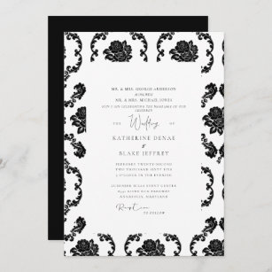 Black & White Damask Both Parents Wedding Invitation