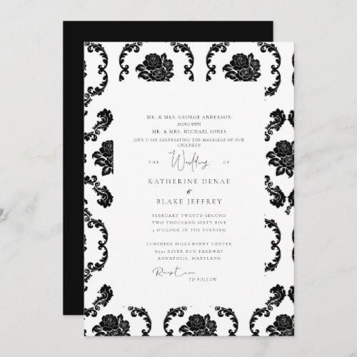 Black  White Damask Both Parents Wedding Invitation
