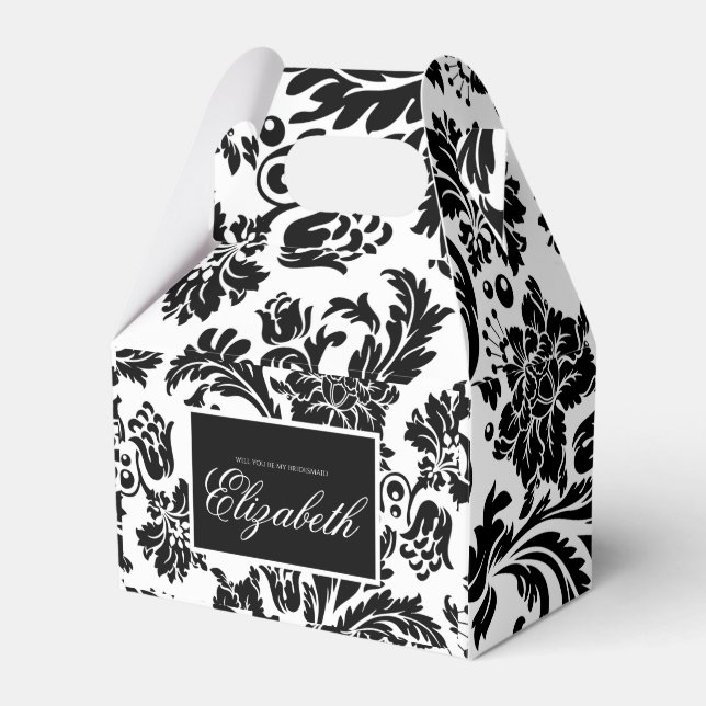 Black & white damask bridesmaid favor boxes (Front Side)