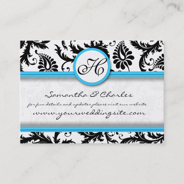 Black & White Damask Bright Aqua Raised  Trim Business Card (Front)