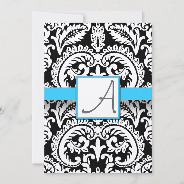 Black & White Damask Bright Aqua Trim with Dots Invitation (Front)