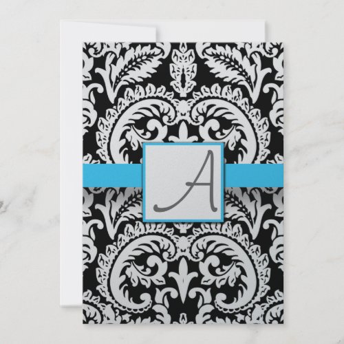 Black  White Damask Bright Aqua Trim with Dots Invitation