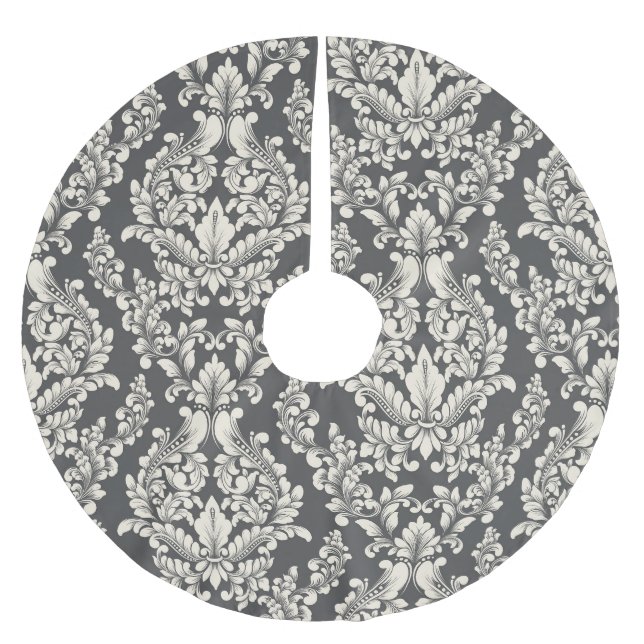 Black/White Damask Brushed Polyester Tree Skirt (Front)