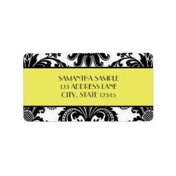 Black & White Damask  Canary Yellow Label by cami7669 at Zazzle