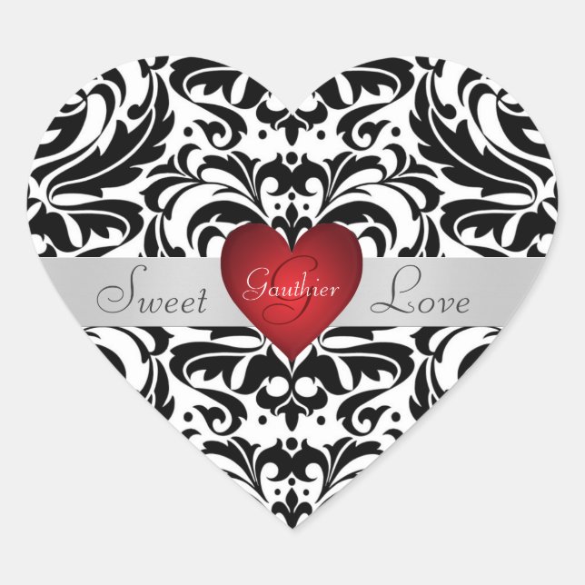 Black & White Damask Candy Buffet Heart Sticker (Front)