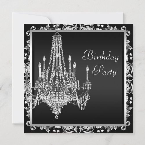 Black White Damask Chandelier Birthday Party Invitation