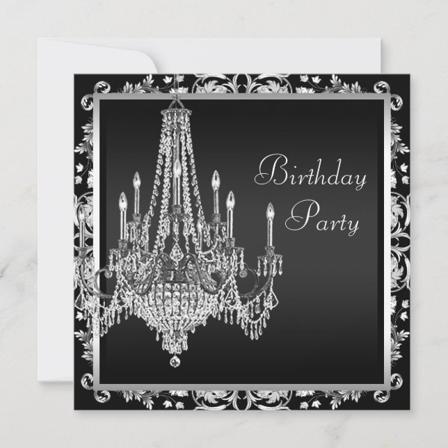 Black White Damask Chandelier Birthday Party Invitation (Front)