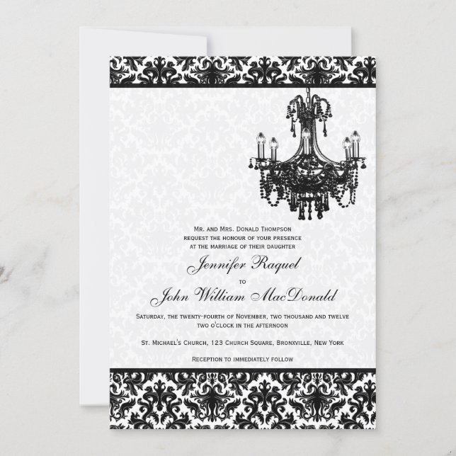 Black White Damask Chandelier Wedding Invitation (Front)