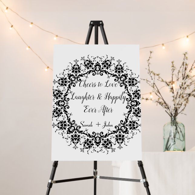 Black White Damask Cheers to Love Laughter Wedding Foam Board (In Situ (Stand))