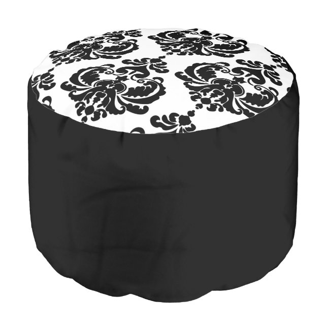 Black & White Damask Chic Elegant Minimal Pouf (Angled Front)