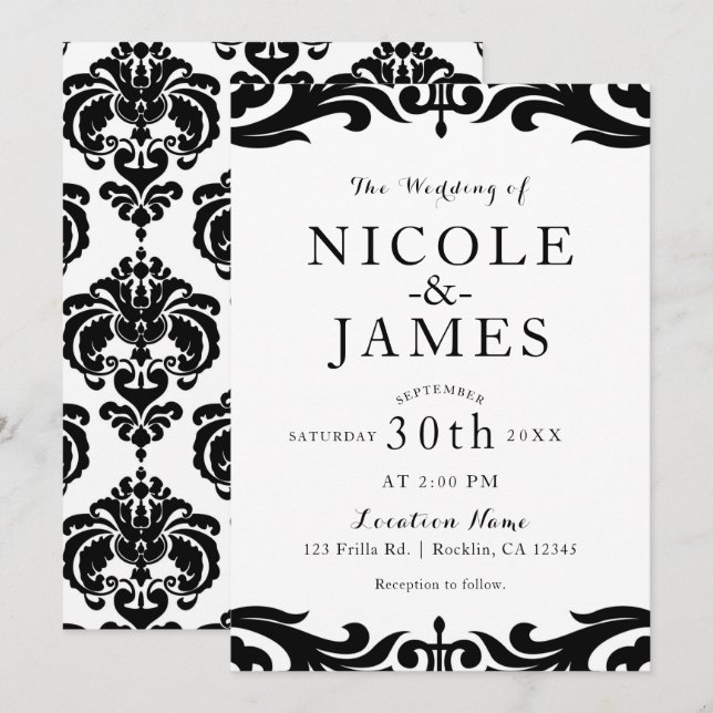 Black & White Damask Chic Elegant Minimal Wedding Invitation (Front/Back)