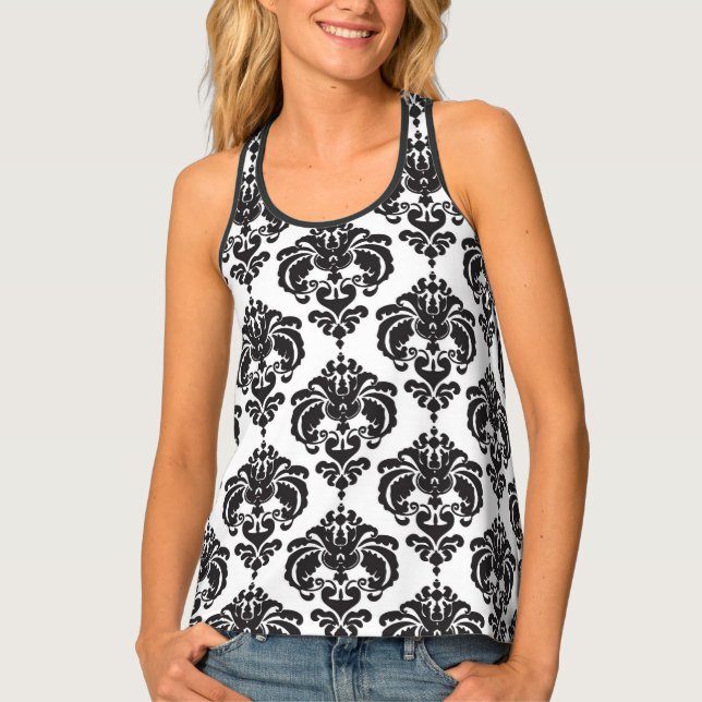 Black & White Damask Chic Modern Elegant Pattern Tank Top (Front)