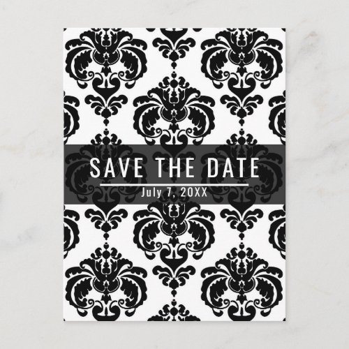 Black  White Damask Chic Wedding Save the Date Announcement Postcard