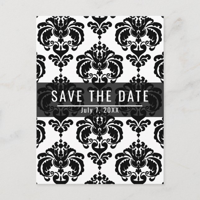 Black & White Damask Chic Wedding Save the Date Announcement Postcard (Front)